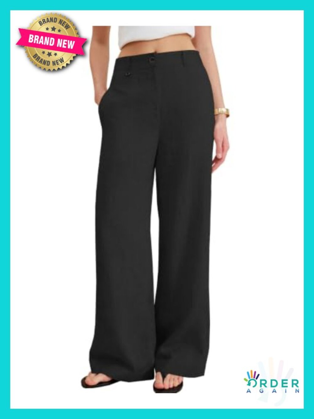 100% Linen Pants Loose Flowy Straight Dress Pants Elastic Waist
